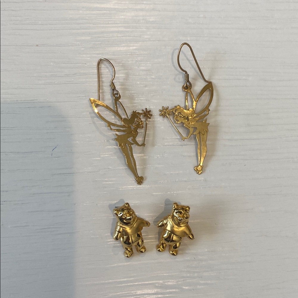 Whimsical Gold Fairy and Bear Earrings